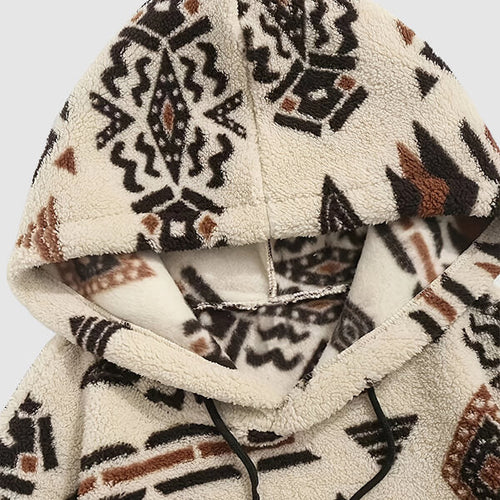 Men's  Faux Sherpa Retro Aztec Pattern Hooded Sweatshirt