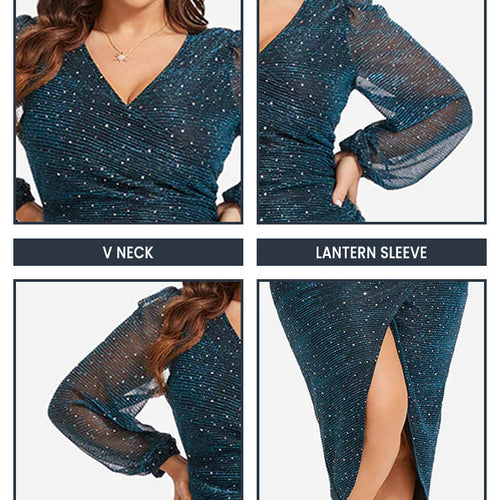 Contrast Mesh Lantern Sleeve Wrap Sequin Midi Dress