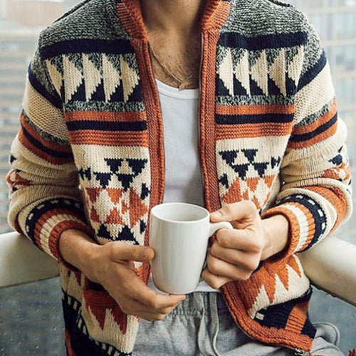 Men's vintage jacquard lapel knitted sweater cardigan jacket