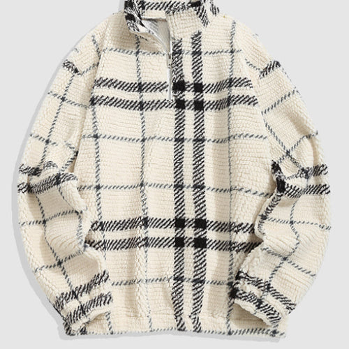 Men's Plaid Fleece Half-Zip Stand Collar Sweatshirt