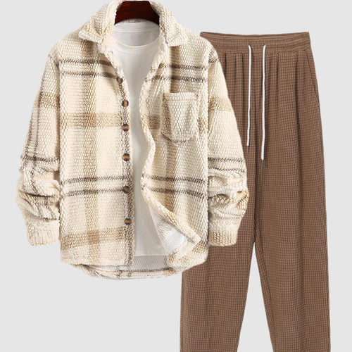 Men's Plaid Fleece Jacket and Casual Pants Set