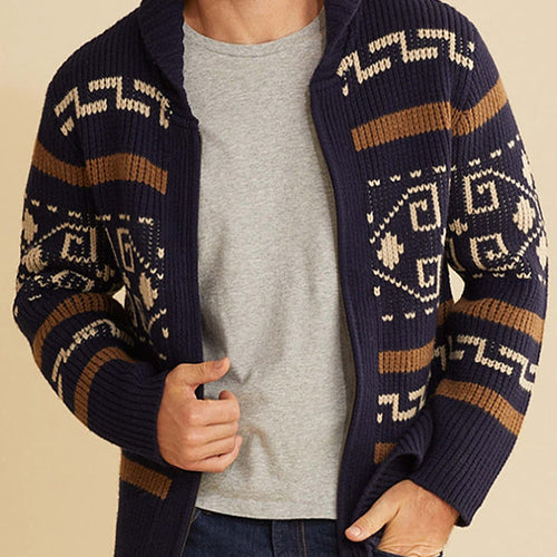 Men's lapel jacquard knitted casual sweater cardigan jacket