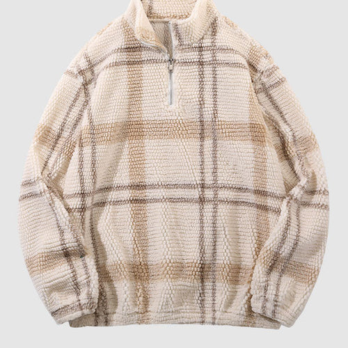 Men's Plaid Fleece Half-Zip Stand Collar Sweatshirt