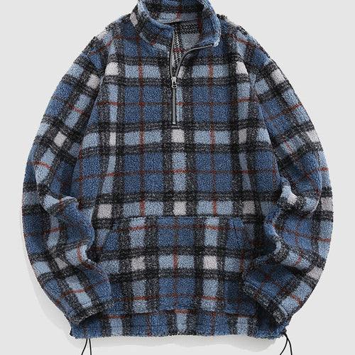 Men's vintage Polar Fleece plaid stand collar zipper sweatshirt jacket