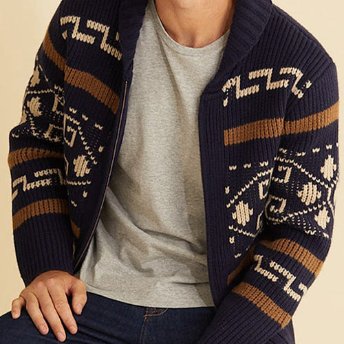 Men's lapel jacquard knitted casual sweater cardigan jacket