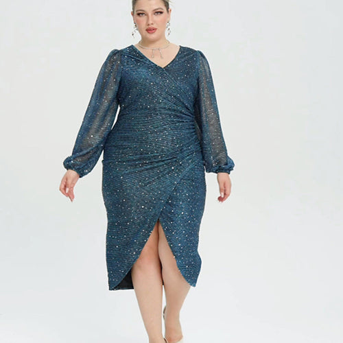 Contrast Mesh Lantern Sleeve Wrap Sequin Midi Dress