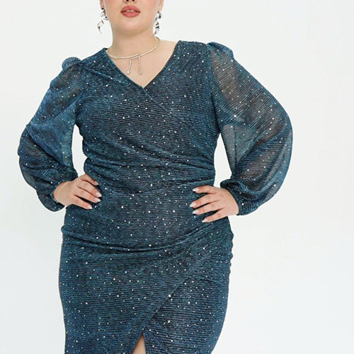 Contrast Mesh Lantern Sleeve Wrap Sequin Midi Dress