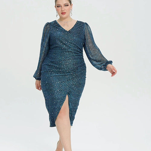 Contrast Mesh Lantern Sleeve Wrap Sequin Midi Dress