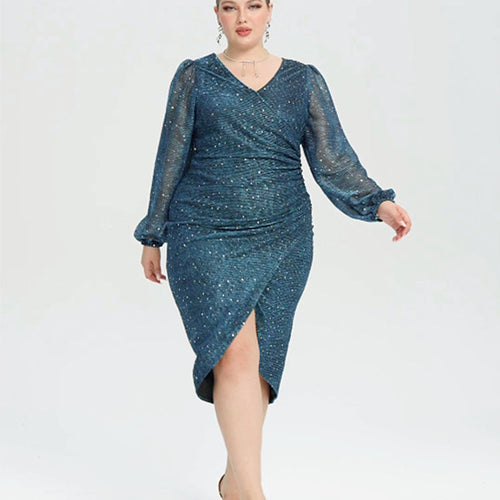 Contrast Mesh Lantern Sleeve Wrap Sequin Midi Dress