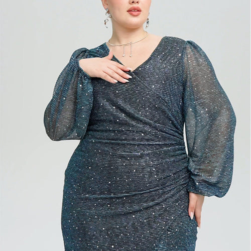 Contrast Mesh Lantern Sleeve Wrap Sequin Midi Dress