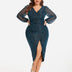 Contrast Mesh Lantern Sleeve Wrap Sequin Midi Dress