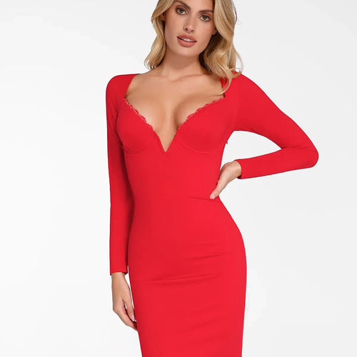 The Shapewear Dress Long Sleeve V-Neck Lace Midi