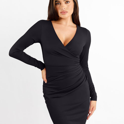 The Shapewear Dress Ruched Long Sleeve Split Midi