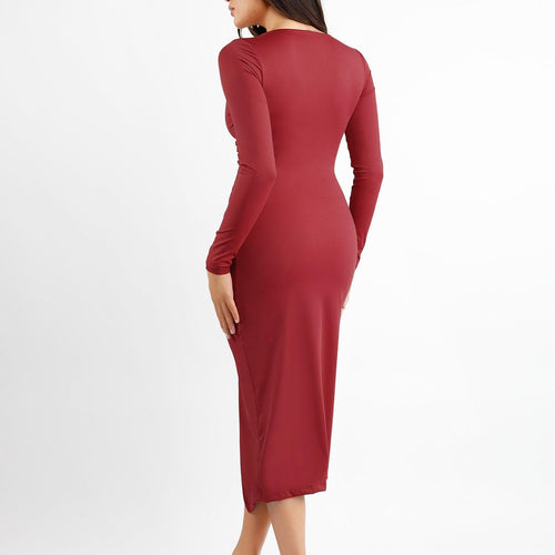 The Shapewear Dress Ruched Long Sleeve Split Midi