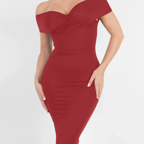 The Shapewear Dress Off Shoulder V-Neck Ruched Midi