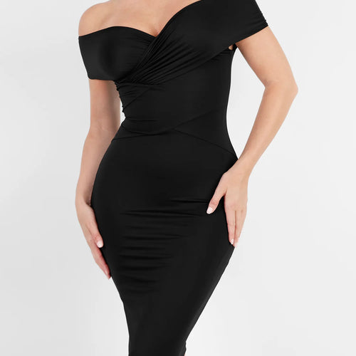 The Shapewear Dress Off Shoulder V-Neck Ruched Midi