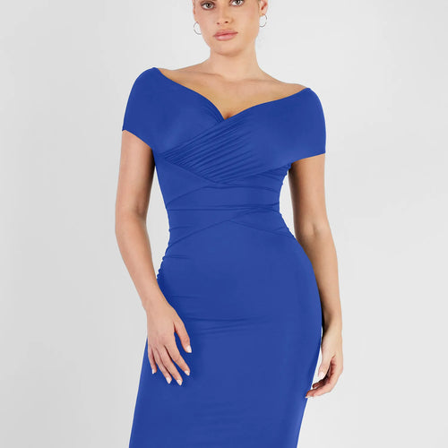 The Shapewear Dress Off Shoulder V-Neck Ruched Midi