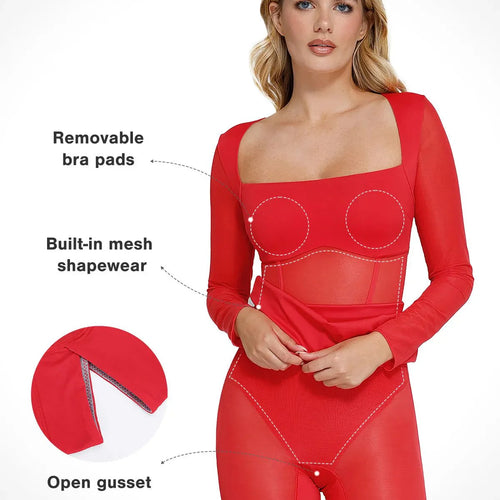 The Shapewear Dress Sculpting Long Sleeve Mesh Midi