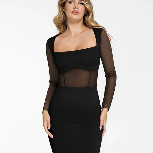 The Shapewear Dress Sculpting Long Sleeve Mesh Midi