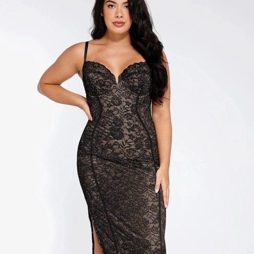 The Shapewear Dress V-Neck Slip Lace Midi