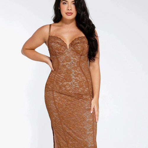 The Shapewear Dress V-Neck Slip Lace Midi